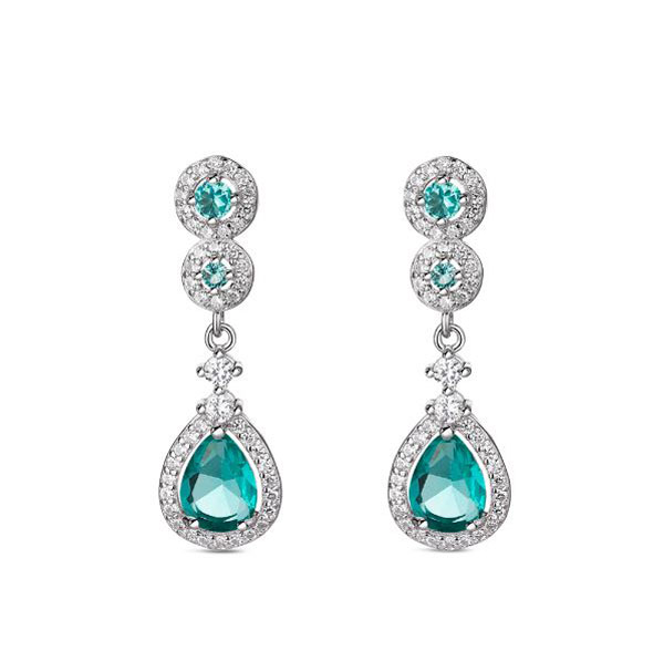 Rhodium Plated Silver Earrings with Chatons and Aquamarine Drop